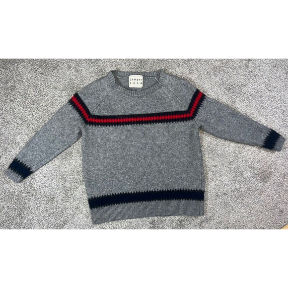Jumper 1234 Pull Over Knit 100% Cashmere SIZE 1 Sweater Grey Blue Red Striped - Picture 2 of 9